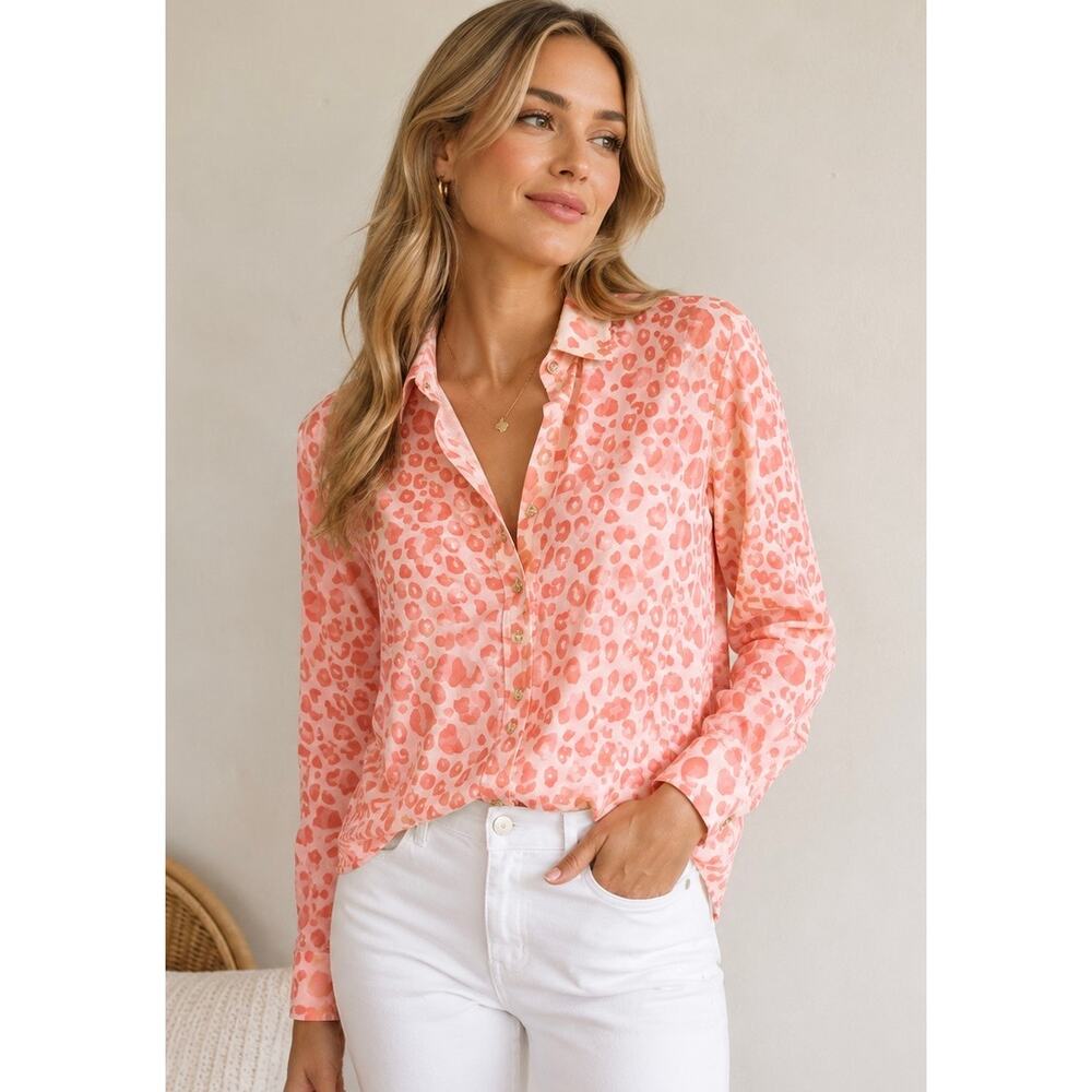 C Wonder 100% Silk Pink Leopard Print Button Down Blouse Small NWOT